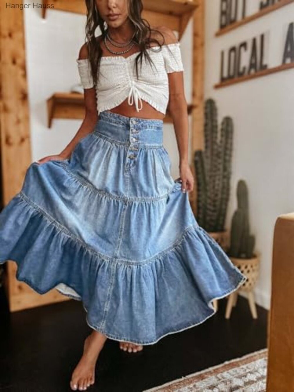 High Waist Long Denim Tiered Ruffle Swing A-Line Maxi Skirt with Pockets - Picture 5 of 7